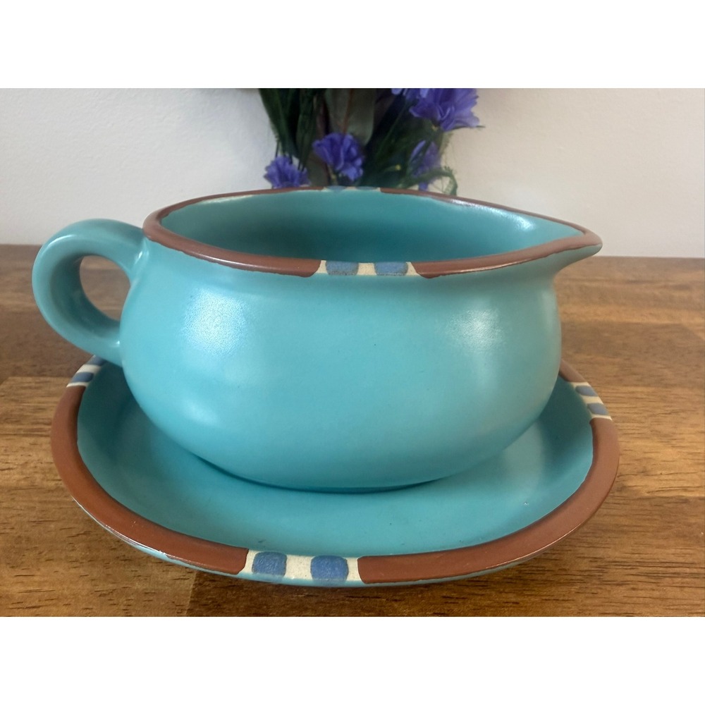 Dansk Mesa Turquoise Gravy Boat And‎ Tray Vintage Portugal Southwest Stoneware